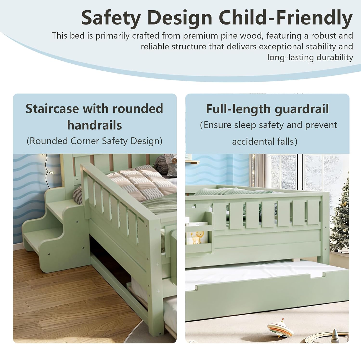 Bellemave Full Size Montessori Bed with Trundle & Bookshelf, Kids Full Bed Frame with Safety Rails & Stairs for Girls Boys, Avocado Green