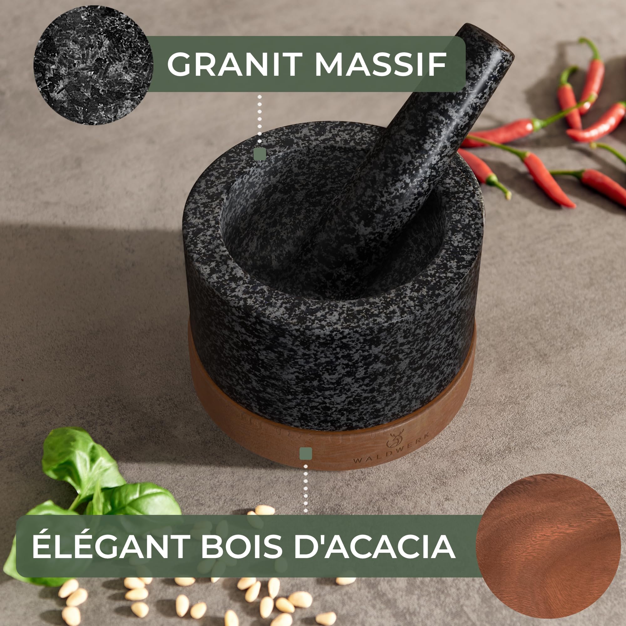 WALDWERK Mortier avec Pilon pour Cuisine (diamètre de 12 cm) - Mortier avec Base en Bois d’Acacia Élégante et Solide - Pilon du Mortier Extra Long en Granit Naturel