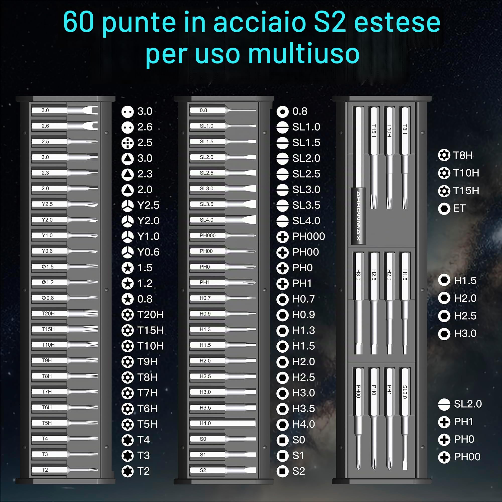 ARROWMAX Mini cacciavite elettrico cacciavite elettrico di precisione, 60 inserti magnetici, coppia max 3 Nm, 5 modalità di coppia, attacco esagonale da 5/32", kit di riparazione per laptop M1 PLUS