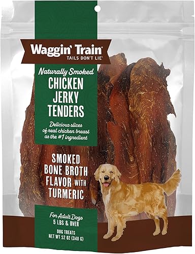 Waggin' Train Cecina de pollo ahumado para perros con cúrcuma y caldo de huesos de grado humano, sin granos ni maíz, alta en proteínas, premios de