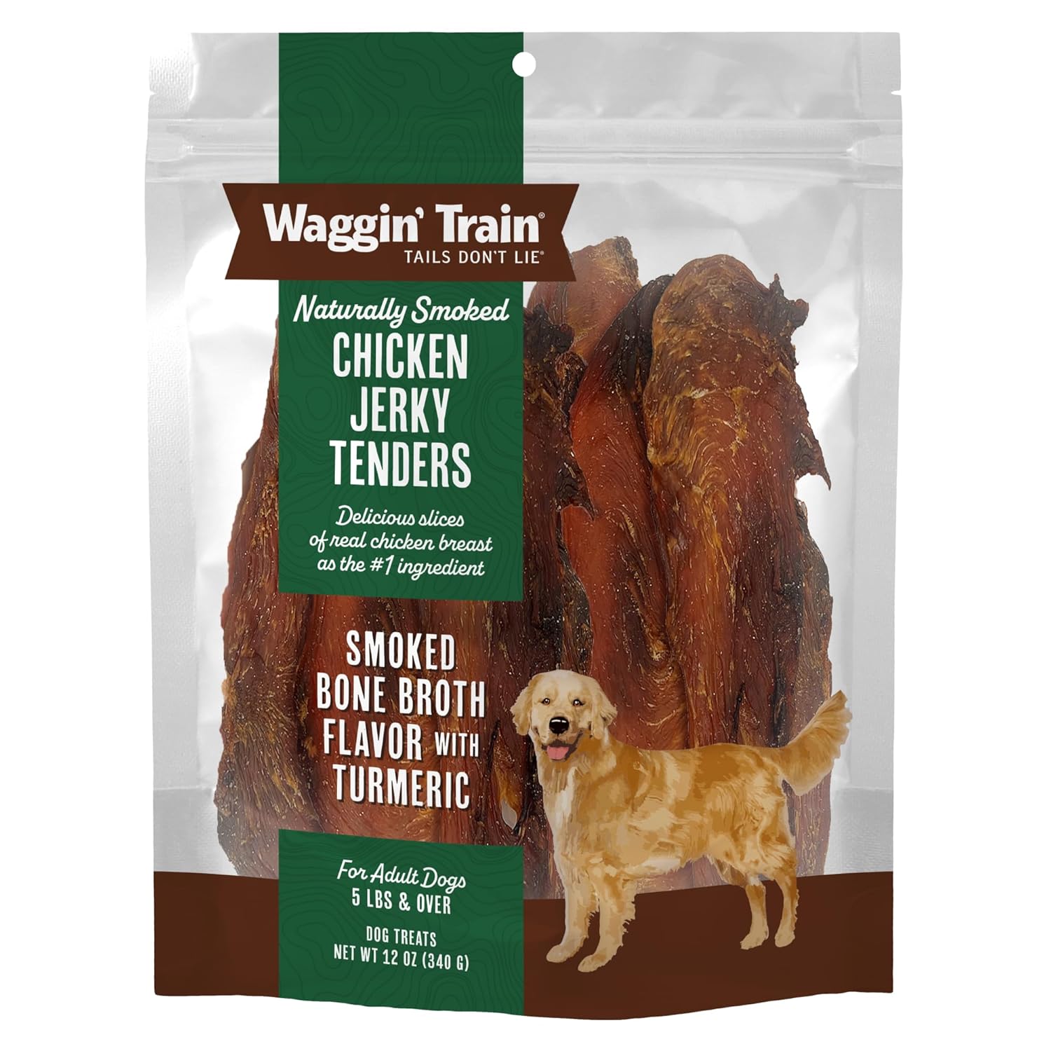 Waggin Train Smoked Chicken Jerky Tenders for Dogs with Turmeric and Human Grade Bone Broth Grain and Corn