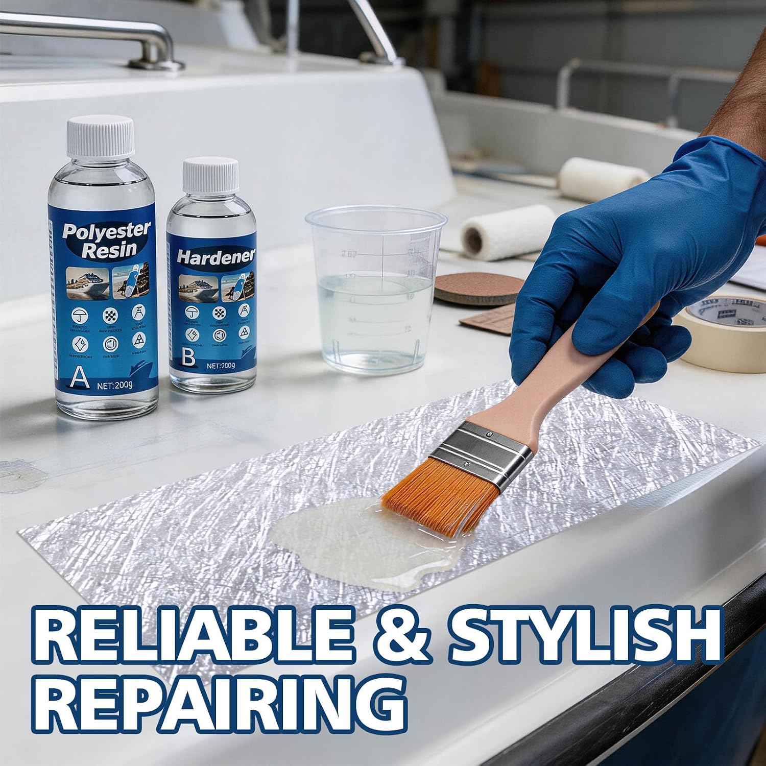 Fiberglass Repair Kit with 300g Fiberglass Mat, Suit Metal Wood | 200g Fiber Glass Resin and 100g Hardener with Complete Tools, Fix Holes, Chips, Cracks, Pits, Scratches for Any Boats, Cars