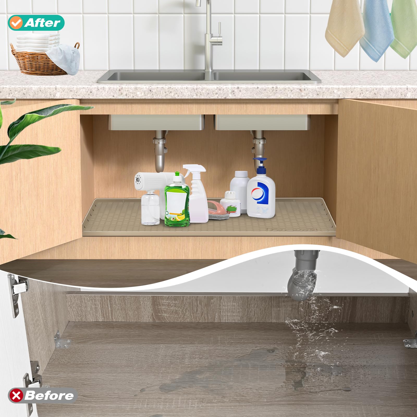 Tapete de silicona para debajo del fregadero, 34 x 19 pulgadas, impermeable, organizadores y almacenamiento para debajo del fregadero, protector de fregadero y gabinete, bandeja debajo del