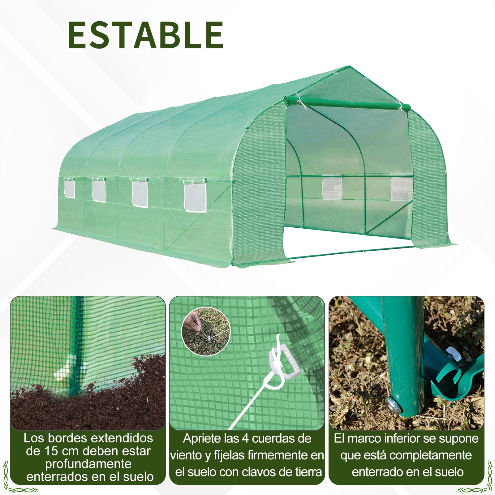 Outsunny Invernadero de Jardín 6x3x2 m Tipo Túnel para Cultivo Plantas Verduras con 8 Ventanas Transpirables y Puerta Enrollable con Cremallera Acero Verde