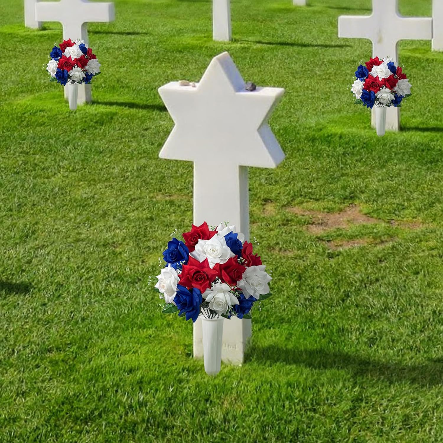 ICX Artificial Cemetery Flowers with Vase,Set of 2 Blue,White and Red Rose Grave Flowers for Cemetery,Memorial Day Flowers for Cemetery,Cemetery Flowers for Grave,Grave Decorations - Image 5