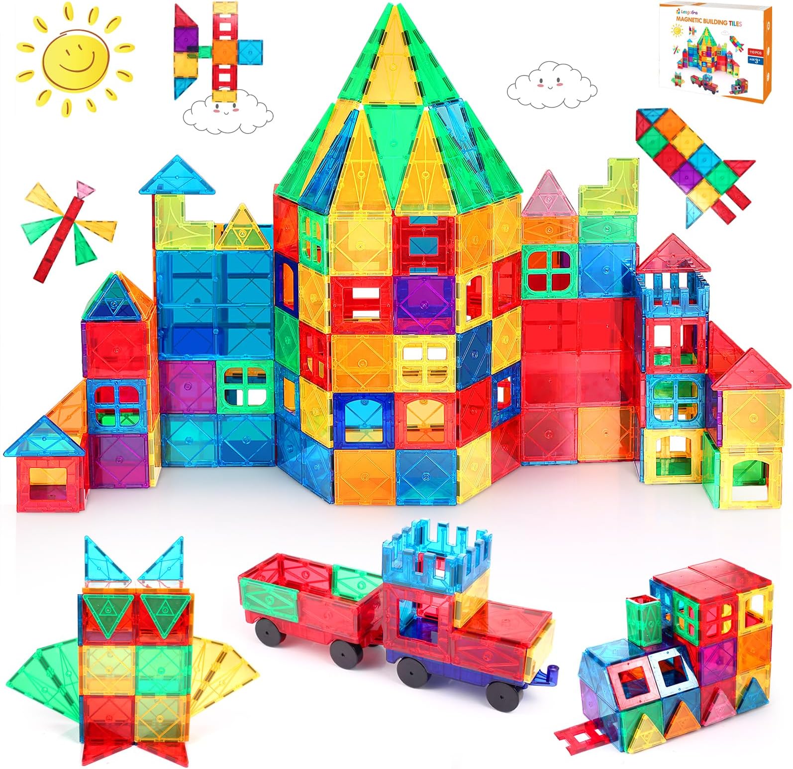LeagoEra Magnetic Building Blocks, 110 Pieces, Ages 3-8, Multi-colour, STEM Learning, Compatible with Other Sets