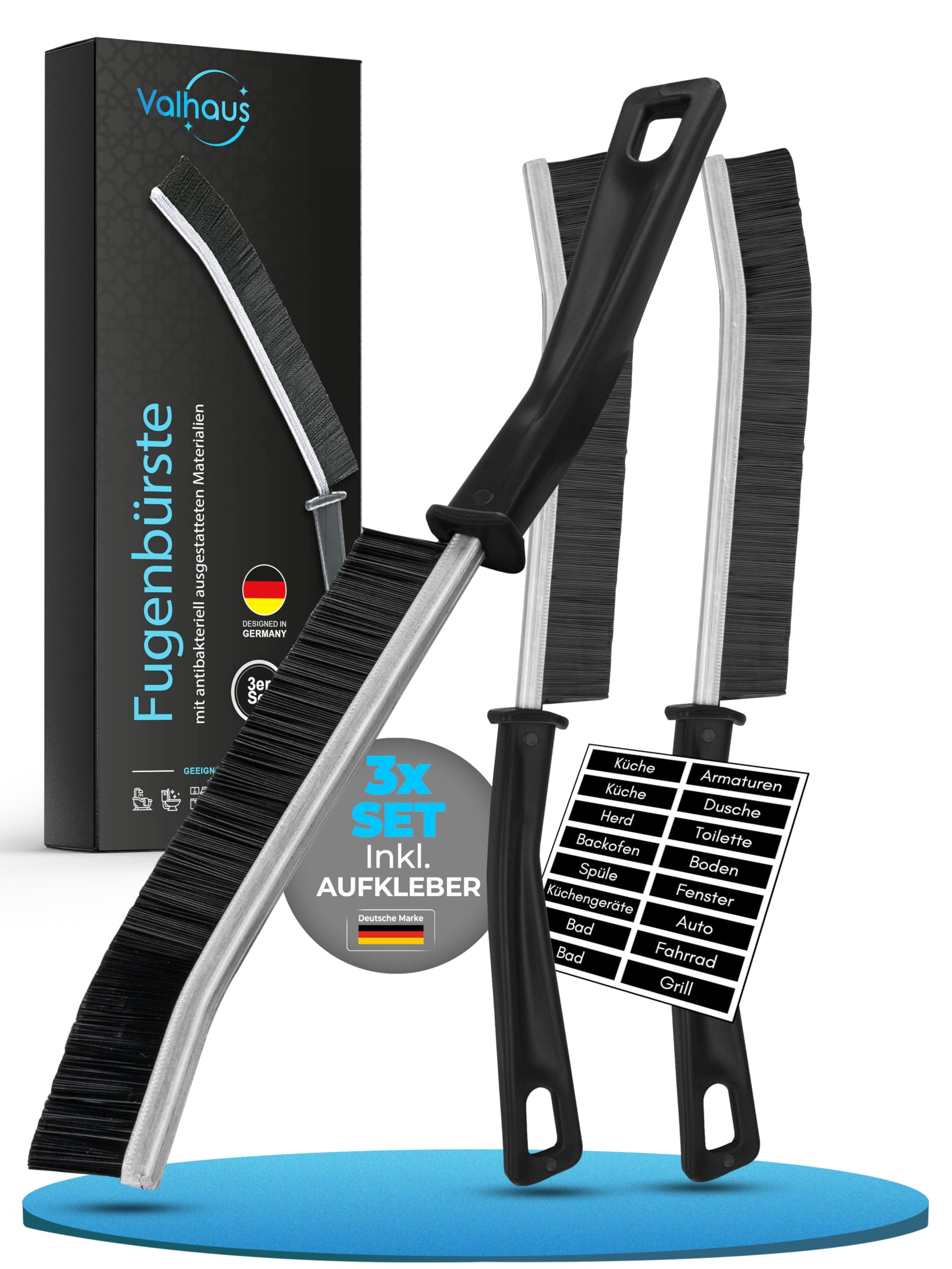 Valhaus Fugenbürste 3er Set – Reinigungsbürste mit antibakteriell ausgerüstetem Material (Silberionen), multifunktionaler Fugenreiniger Bad, Küche, WC & mehr, Harte Borsten, Cleaning Brush