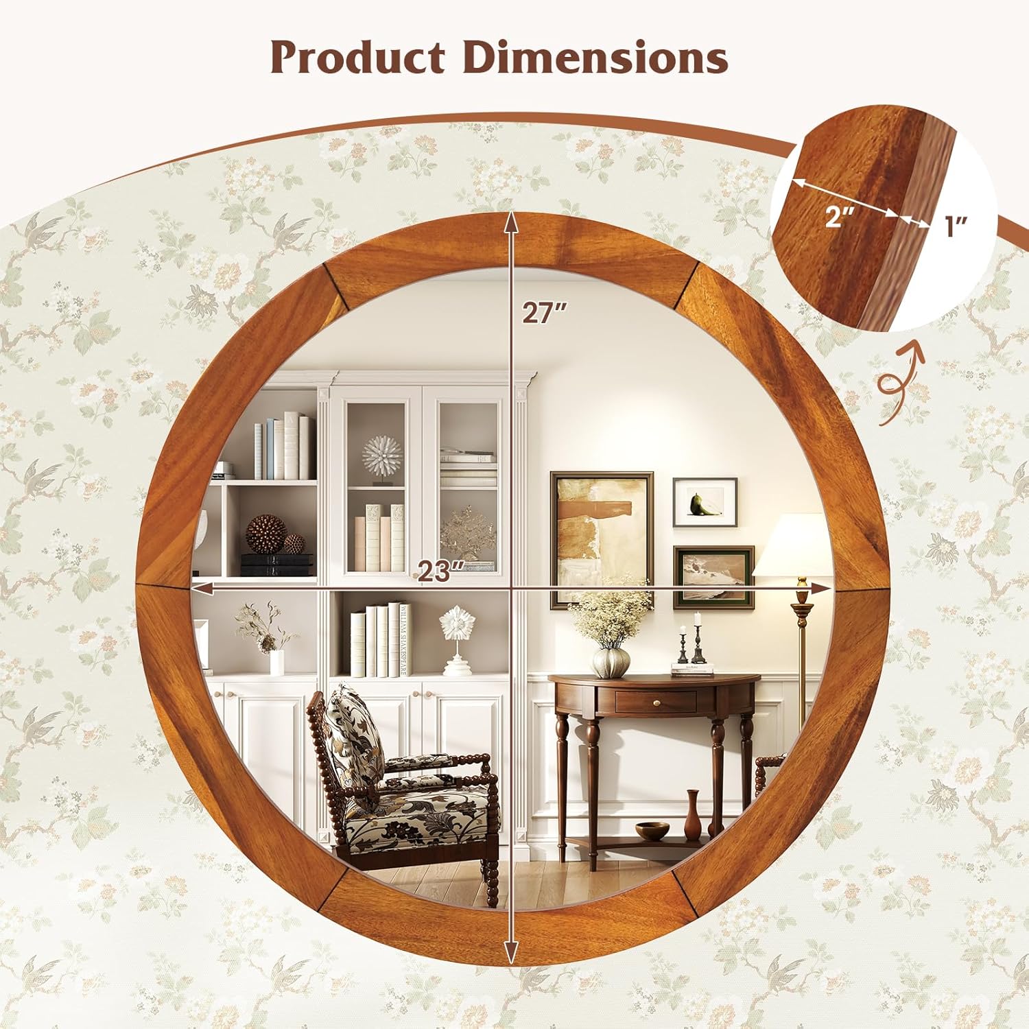 CHARMAID Farmhouse Wall Mirror - 27" Round Mirror with Solid Acacia Wood Frame, Rustic Wooden Vanity Mirror for Living Room, Bathroom, Bedroom, Entryway Wall Decor