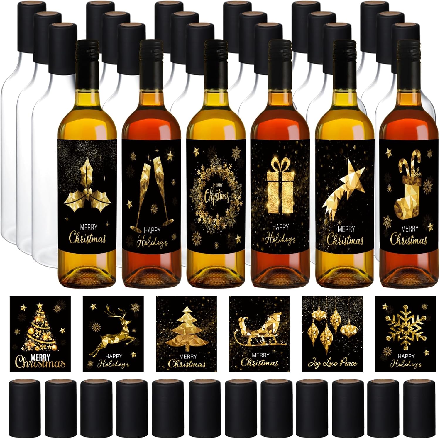 Maxcheck 78 Pcs 25 oz Christmas Plastic Wine Bottles Set with Shrink Capsules and Xmas Label Stickers Airtight 750ml Empty Liquor Bottles with Lid for Xmas Party Supplies Decoration(Clear,Black Gold)