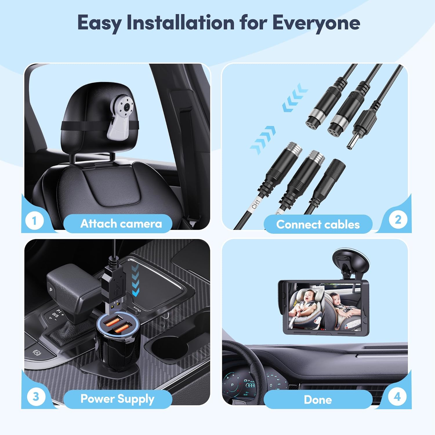 2-Kids Baby Car Camera Dual Monitor – 7 Inch Display with Two Rear Facing Car Seat Cameras, 1080P HD Night Vision IR-CUT, USB Powered Plug and Play Backseat Baby Monitor for Infant & Toddler Safety