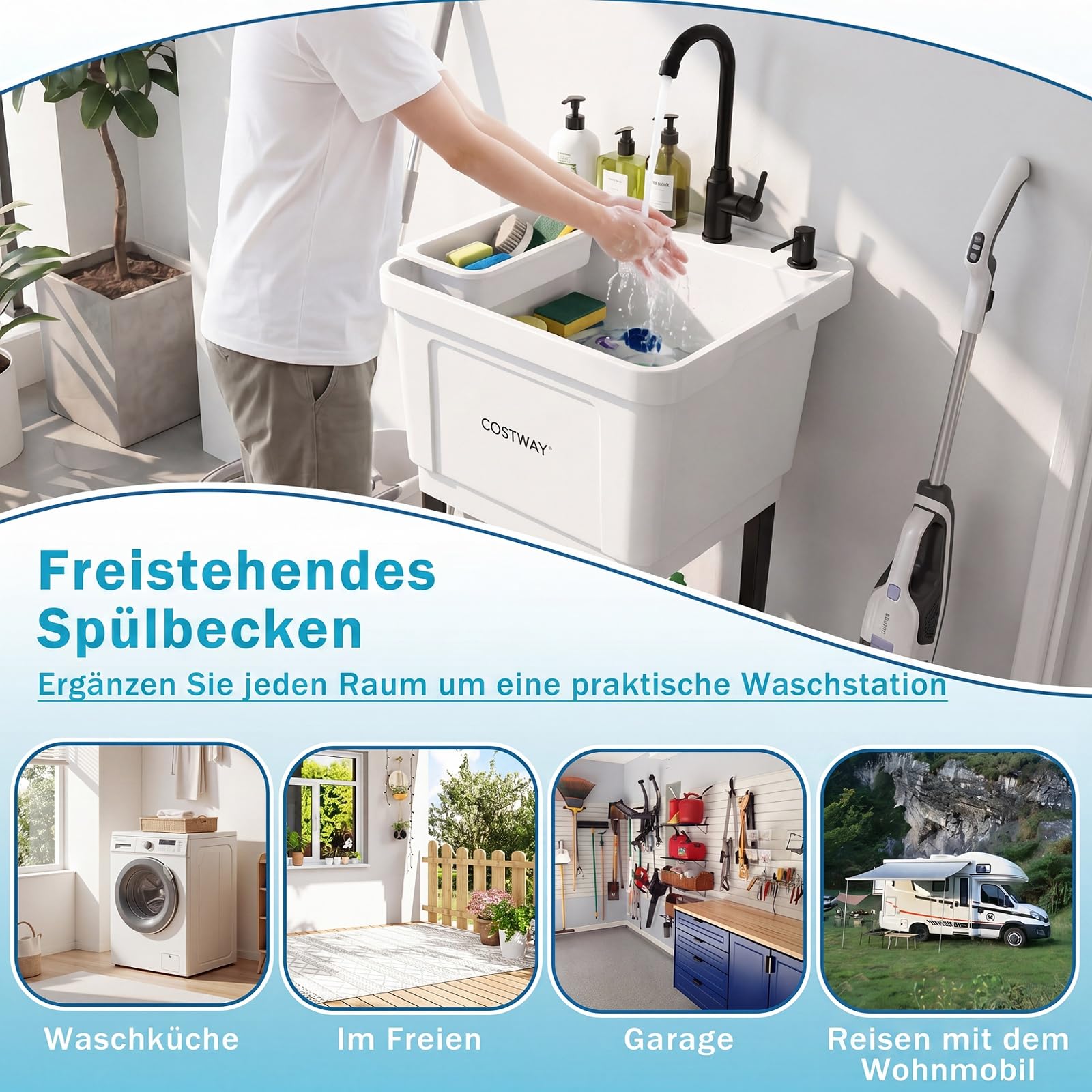 COSTWAY Ausgussbecken, Waschbecken mit Ablage, Abtropff & 360° Wasserhahn, inkl. Abflussgarnitur, Spülbecken für Garage Garten Waschküche, Küchenspüle aus Kunststoff Metall, 50,5 x 48 x 120,5 cm, Weiß