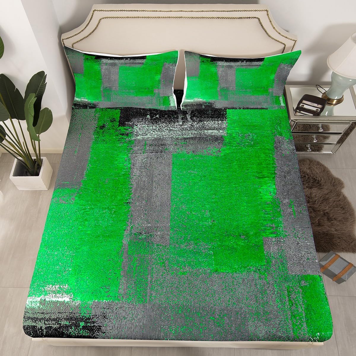 Erosebridal Black Grey Green Full Fitted Sheet Gradient Ombre Bedding, Vintage Watercolor Bed Sheets Abstract Aesthetic Art Bed Cover, Geometric Patchwork Bed Set (Deep Pocket)