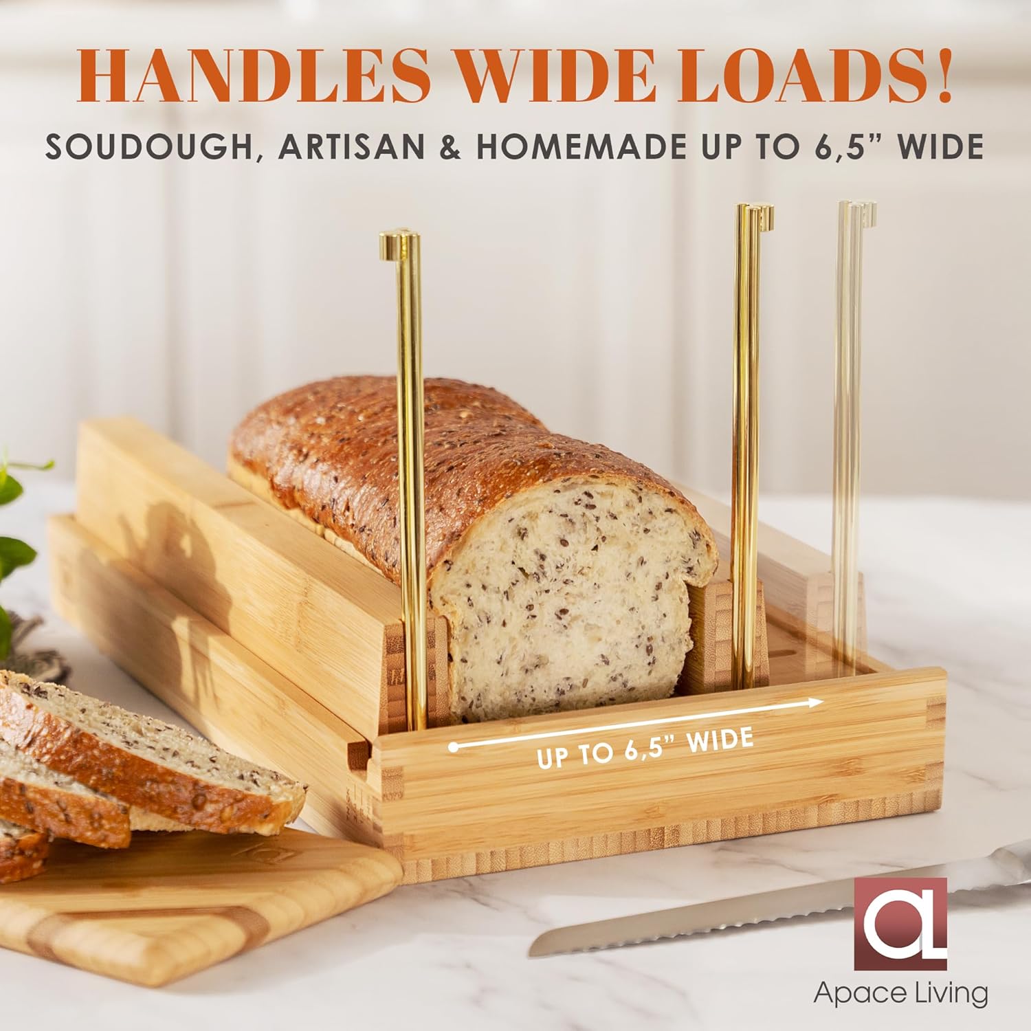 DITTO Bamboo Bread Slicer - 6.5" Wide Adjustable Bread Slicer Guide Cuts Even Slices, 4 Thickness Options - Works with Buns, Bagels- Incl Crumb Tray