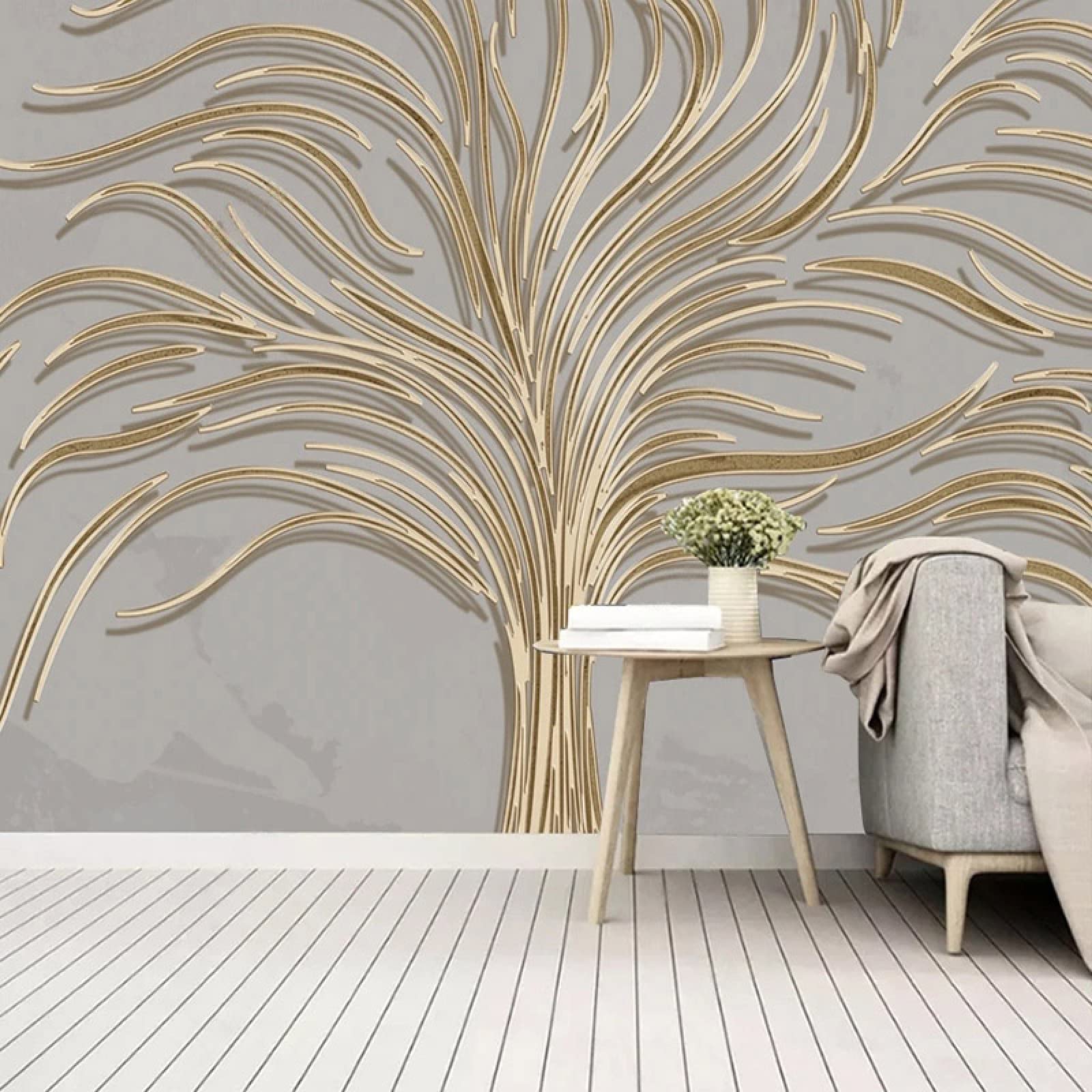 Tree Wall Mural Golden Lines Peel and Stick Self-Adhesive Wallpaper Removable Large Sticker Abstract Art Wall Decor Print Picture Image 98x69 Inch