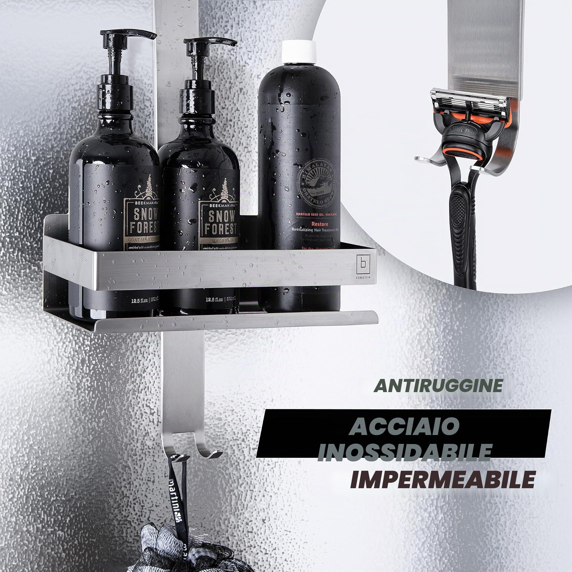 BENKSTEIN Mensola per doccia da appendere, in argento, con 2 cesti per doccia, da appendere, salvaspazio, cestino da doccia, in acciaio inox, supporto per shampoo per doccia
