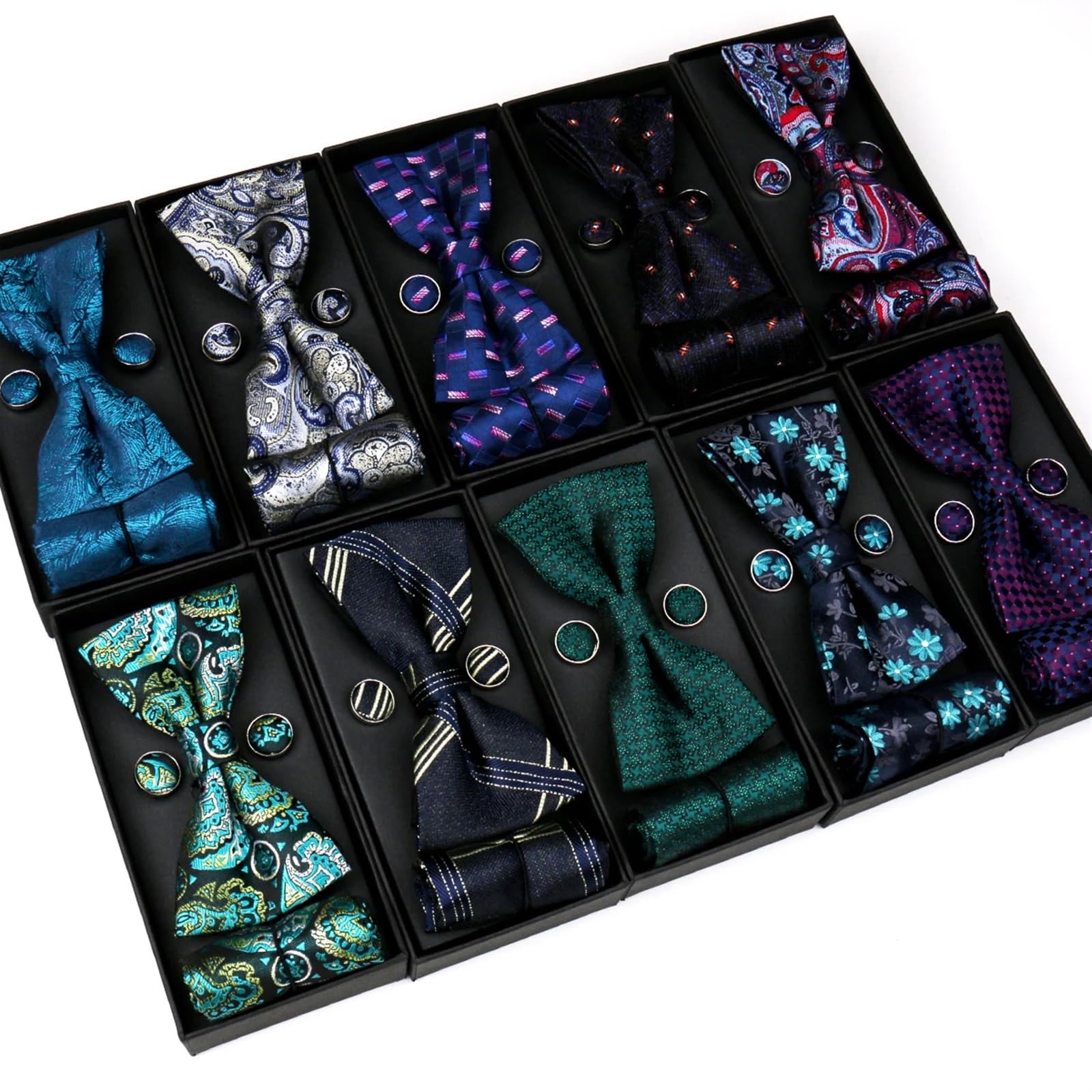 Pajaritas Hombre Conjunto de Pajarita de 3 uds for Hombre, Caja de Pajarita de Negocios, Gemelos Cuadrados de Bolsillo, Pajarita(Color2)