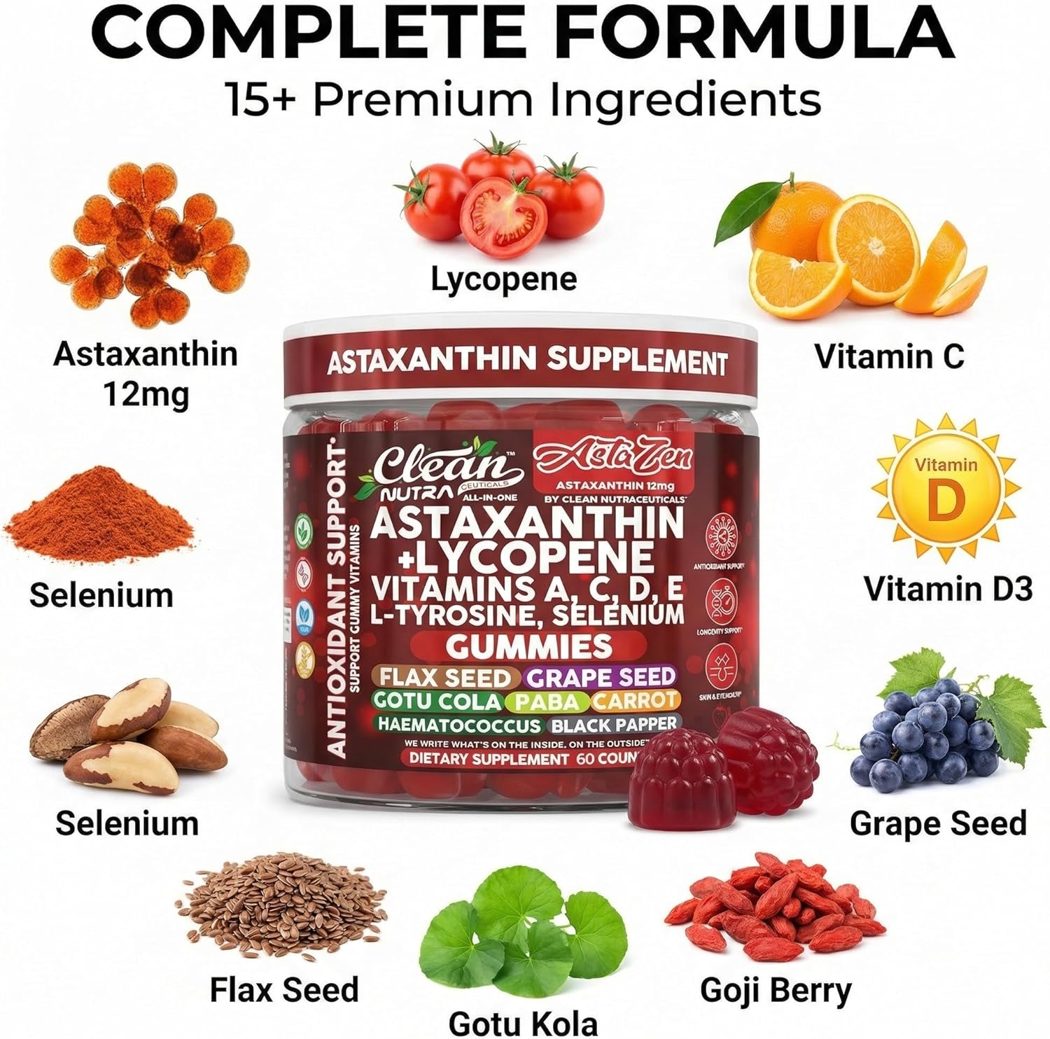Clean Nutraceuticals AstaZen Astaxanthin Gummies 12mg - with Lycopene, Vitamins A C D E, L-Tyrosine & Selenium - Antioxidant Support Gummies - 60 Count