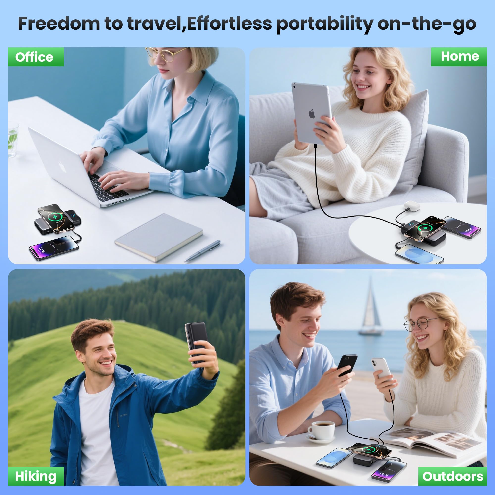 Cargador portátil inalámbrico de 40,800 mAh con 3 cables integrados, carga inalámbrica de 15 W, 25 W PD QC4.0, batería externa USB-C de carga rápida, 7 salidas, pantalla LCD, paquete de batería para
