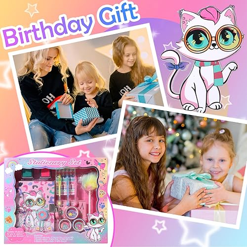 Miniatura 5 de YOYTOO Diario de gato para niñas con cerradura y llaves, juego de papelería de gato con diario, sellos, calcomanías, bolígrafos, diario de