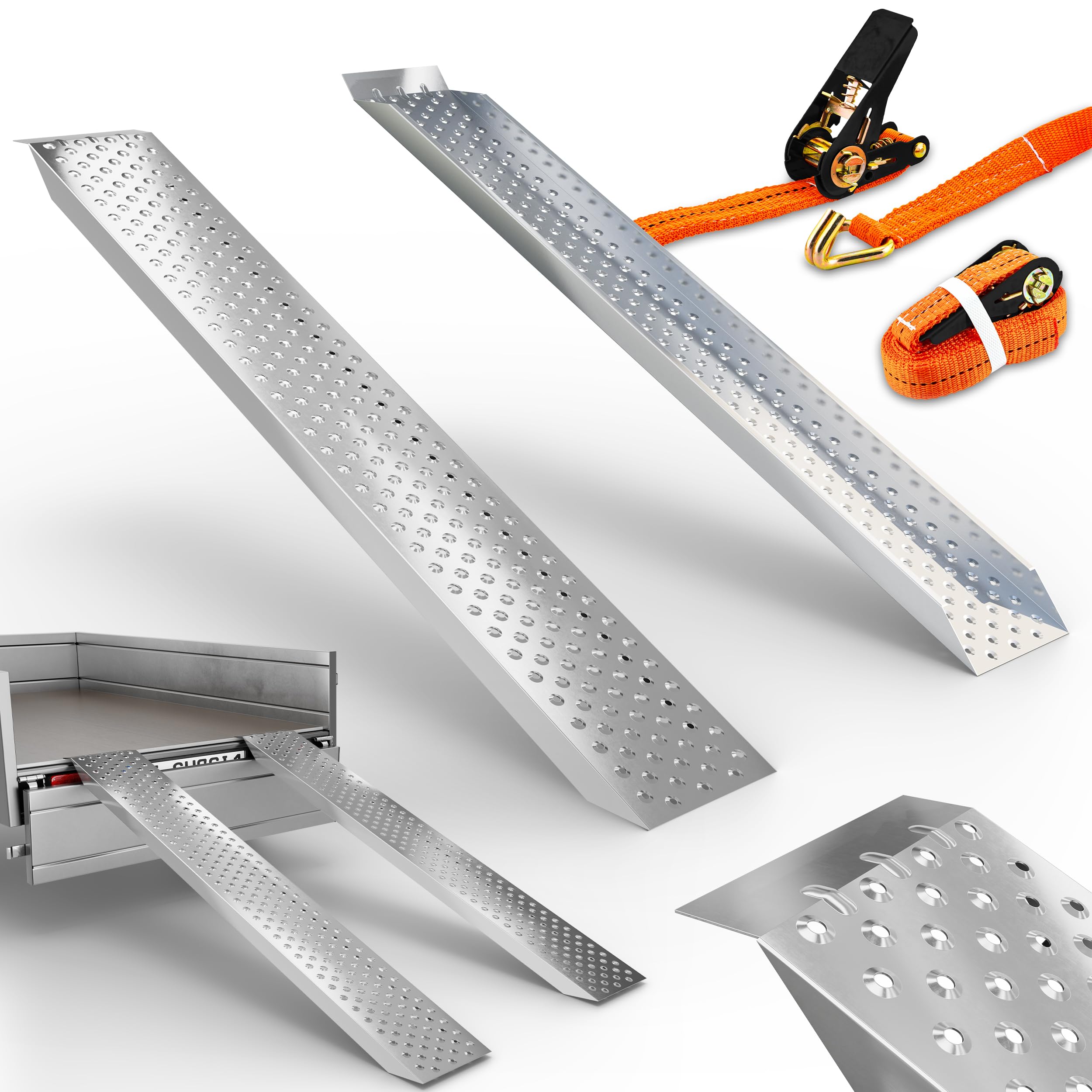 ONBEST Auffahrrampen 2x200 kg – 160 cm mit Spanngurten | 2 Auffahrschienen 22,5x160 cm für Anhänger und Auto – Laderampe in Silber inkl. 2 Spanngurte 25 mm x 4 m