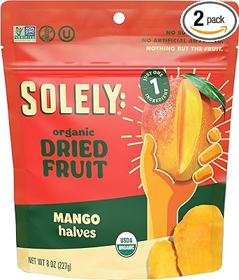 SOLELY Organic Dried Mango Halves, Large 2 Pack – Real Fresh Fruit, Portable On-the-Go Snack, Vegan, Non-GMO, No Sugar Added, Not From Concentrate, Shelf-Stable, Healthy Snack for Kids & Adults