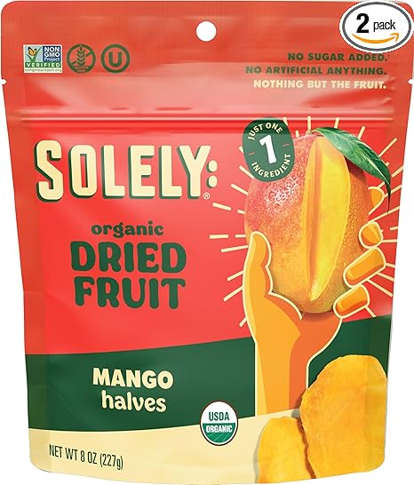SOLELY Organic Dried Mango Halves, Large 2 Pack – Real Fresh Fruit, Portable On-the-Go Snack, Vegan, Non-GMO, No Sugar Added, Not From Concentrate, Shelf-Stable, Healthy Snack for Kids & Adults