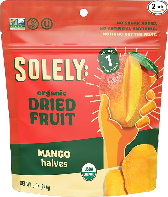 SOLELY Organic Dried Mango Halves, Large 2 Pack – Real Fresh Fruit, Portable On-the-Go Snack, Vegan, Non-GMO, No Sugar Added, Not From Concentrate, Shelf-Stable, Healthy Snack for Kids & Adults