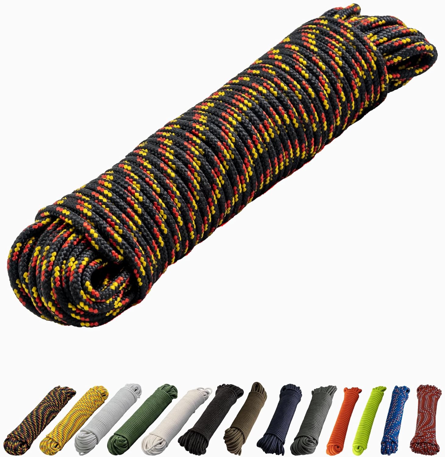 ITACORDA- 90ft Eco-Friendly Braided Rope -Multipurpose Resistant Flag Camping Anchor Rope, Indoor/Outdoor Heavy Duty Ropes -Made of Recycled Plastic Bottles- 1/4in(6mm) Thick -Black w/Yellow&Red Dots