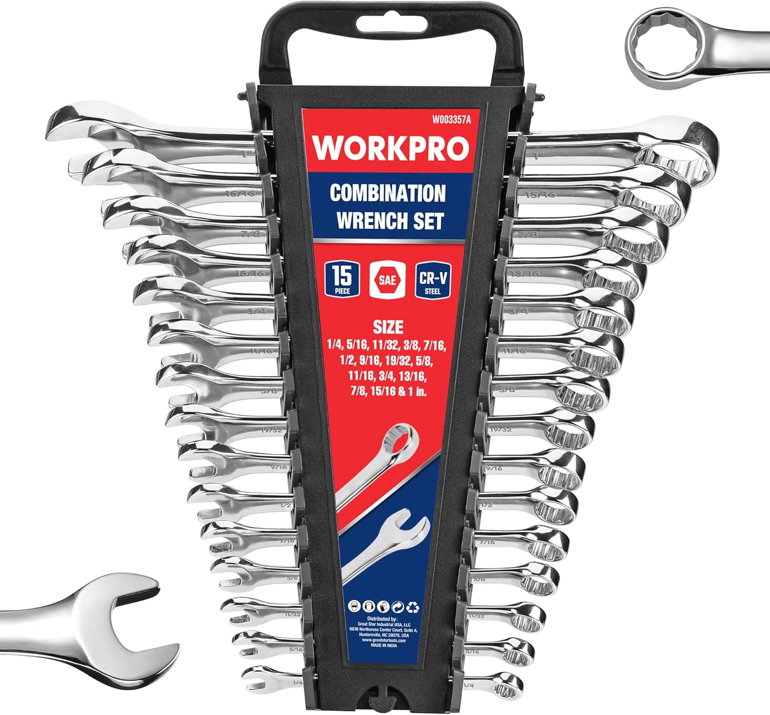 WORKPRO SAE Combination Wrench Set, CRV Steel, 15PCS Complete Standard