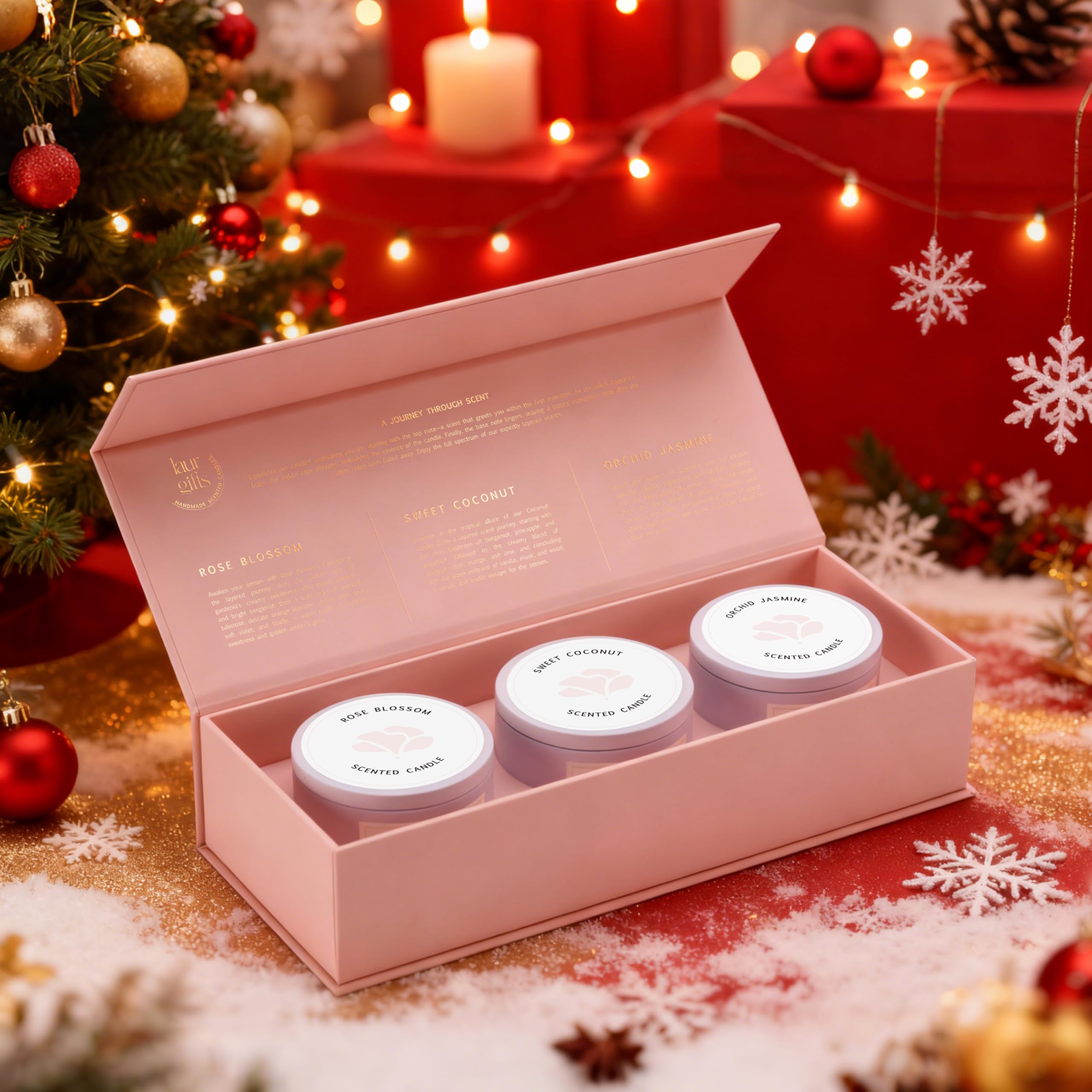 LaurGifts Duftkerzen Geschenkset - 3 Premium Floral Soja-Kerzen in luxuriöser rosa Box - Orchidee & Jasmin, süße Kokosnuss, Blütenrose - Entspannungsgeschenk für Frauen, Geburtstag, Spa & Zuhause