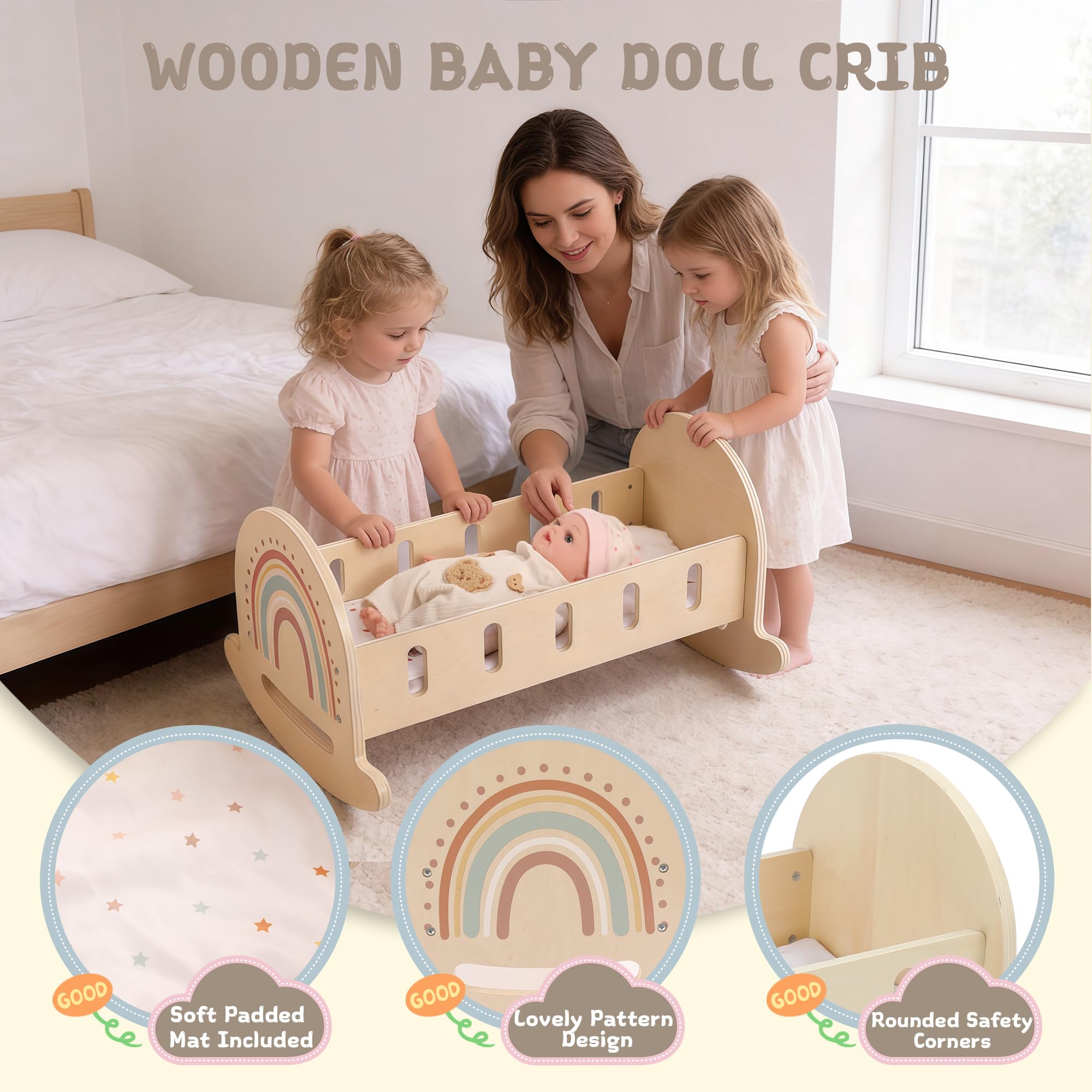 FReniland Baby-Puppenwiege mit 1 Kissen & 1 Kissen