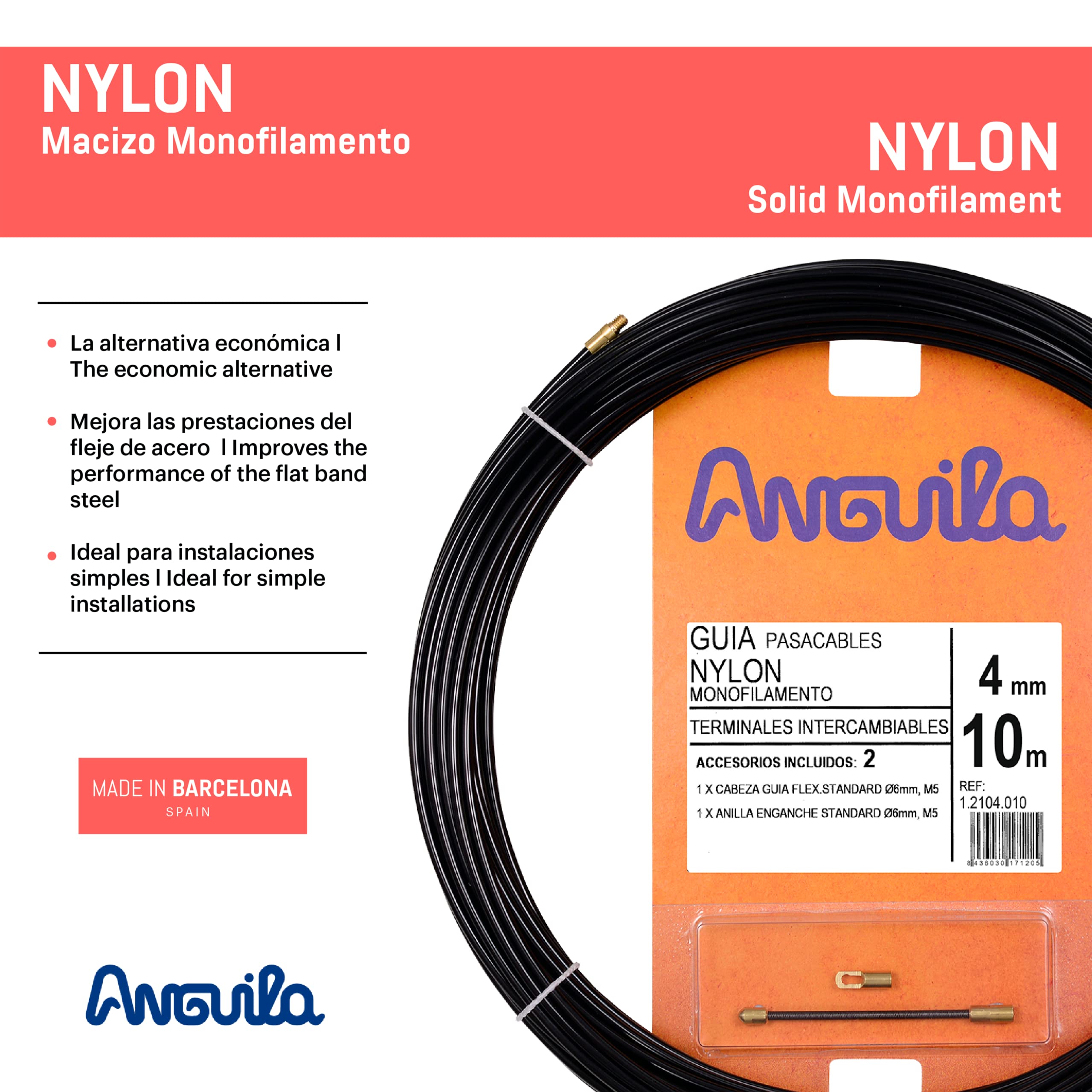 Anguila - Nylon Single Fiber Cable Puller, 10 m, Diameter 4 mm, Replaceable End Pieces, Black, 10 metres - Image 2