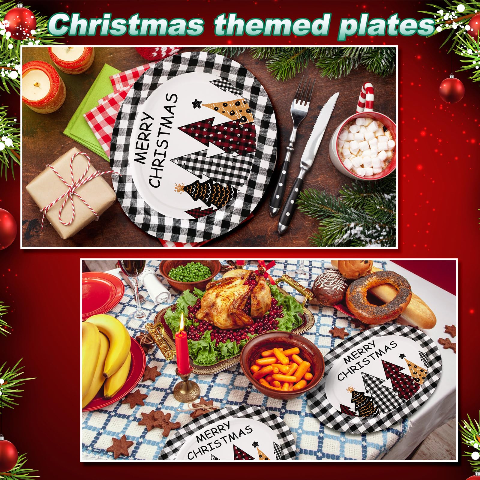 100 platos ovalados desechables de Navidad, platos de papel de búfalo a cuadros para árboles de Navidad, platos de papel desechables de 10 x 12 pulgadas, regalos de Navidad, juego de platos de papel