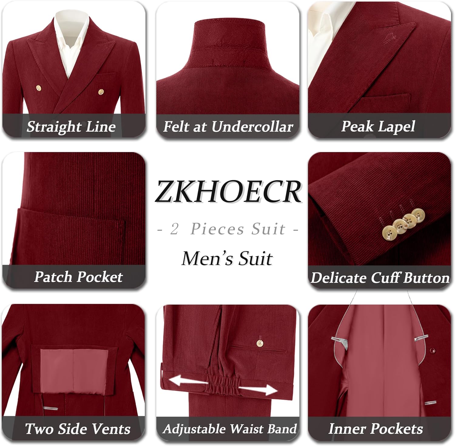 Men 2 Piece Corduroy Suit Slim Fit Suits Double Breasted Suit Blazer Jacket Pants Set Formal Wedding Prom Tuxedos - Image 2