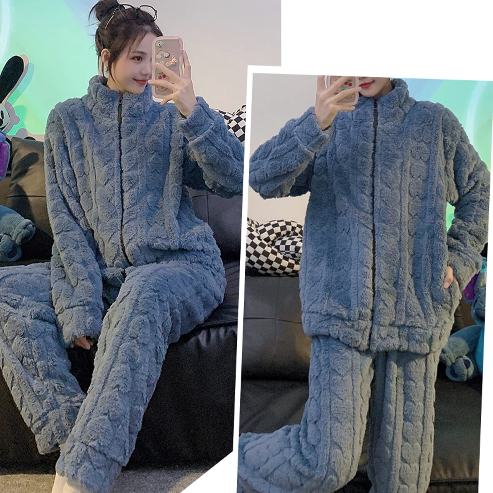 Damen Pyjama Set Aus Korallenrotem Fleece, Dicker, Warmer, Weicher Stehkragen, Nachtwäsche, Bequemer Baumwoll Hausbekleidung