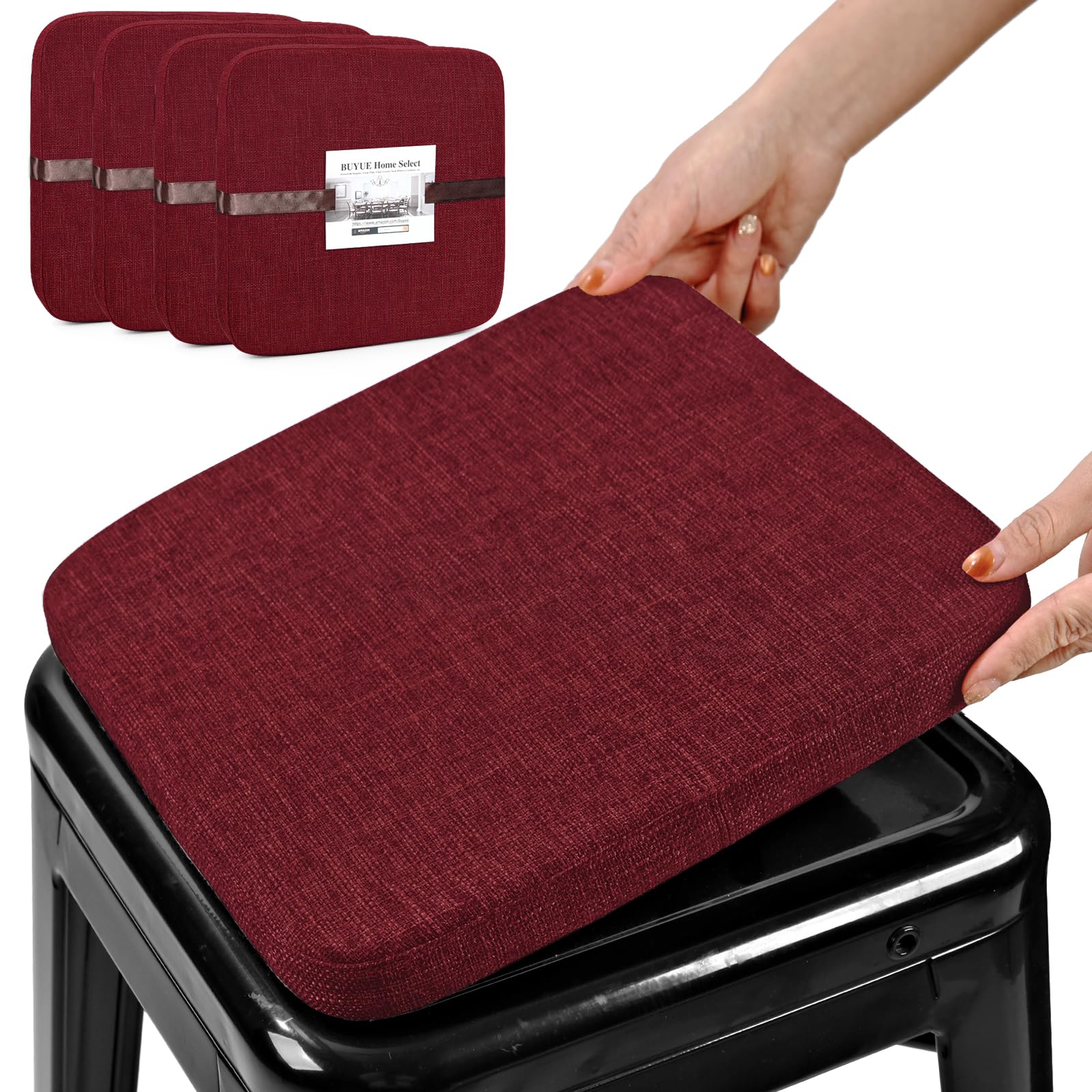 BUYUE Friendly Woven Fabric Magnetic Bar Stool Cushions Set of 4, Enhanced Anti-Slip Breathable Small Chair Seat Pads for Café Bistro Stackable Metal Stools (Square, Red, 4 Counts)