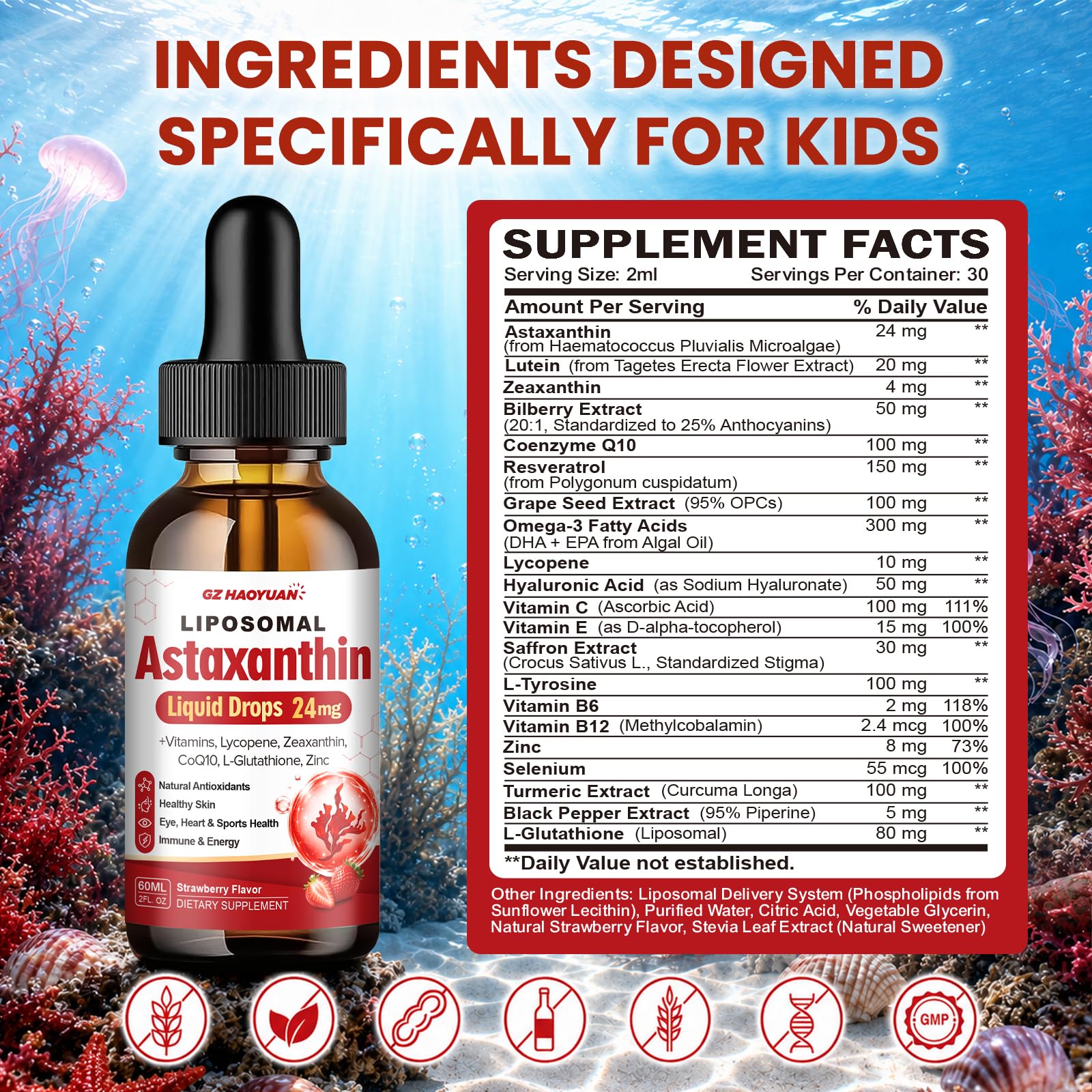 Liposomal Astaxanthin 24mg Liquid Drops, 21-in-1 Antioxidant Supplement - Haematococcus Pluvialis with L-Glutathione, CoQ10, Resveratrol & Lutein,Strawberry Flavor, 2 OZ — Amazon image 2