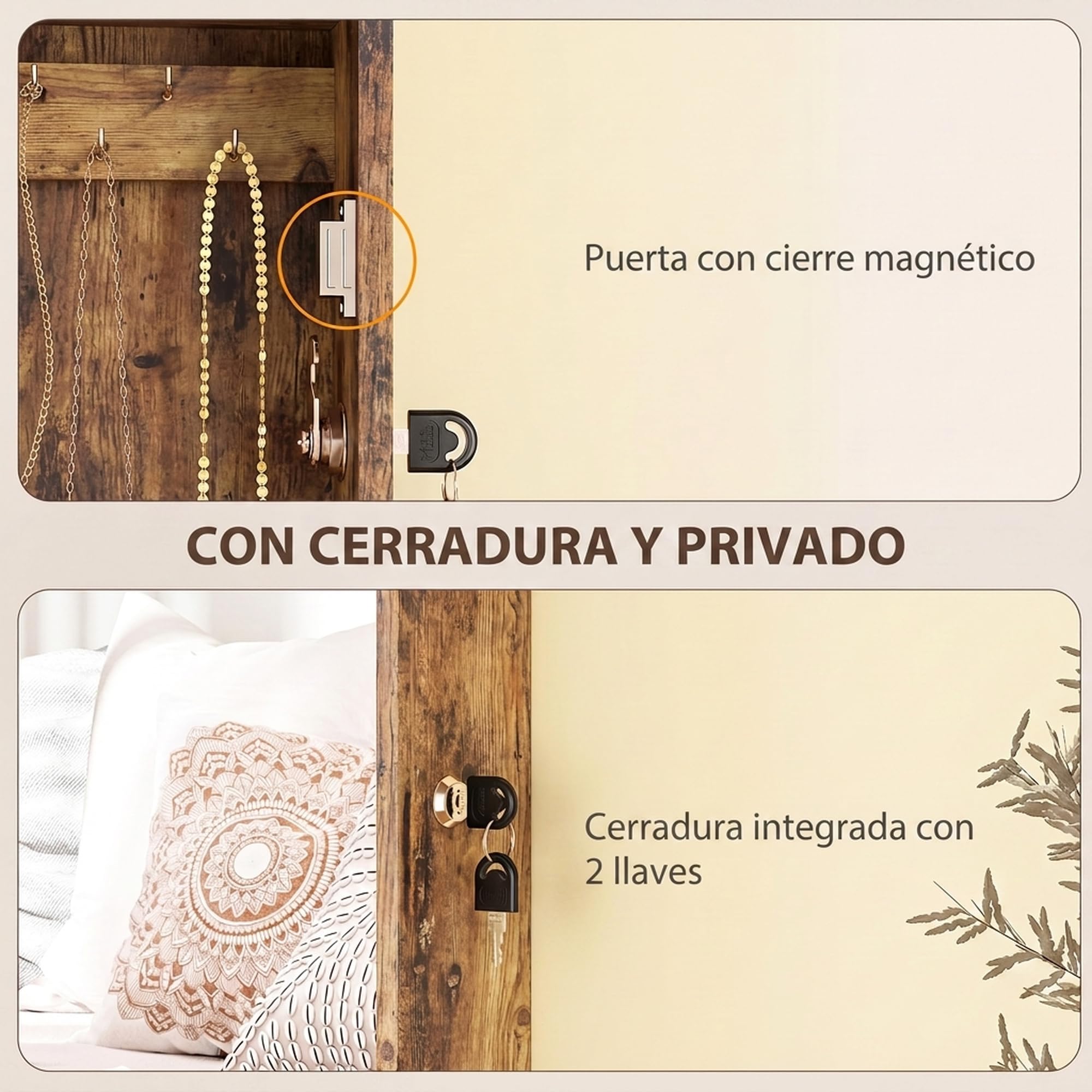 HOMCOM Espejo Joyero Pared con Cerradura Montar Pared Puerta Marrón Rústico