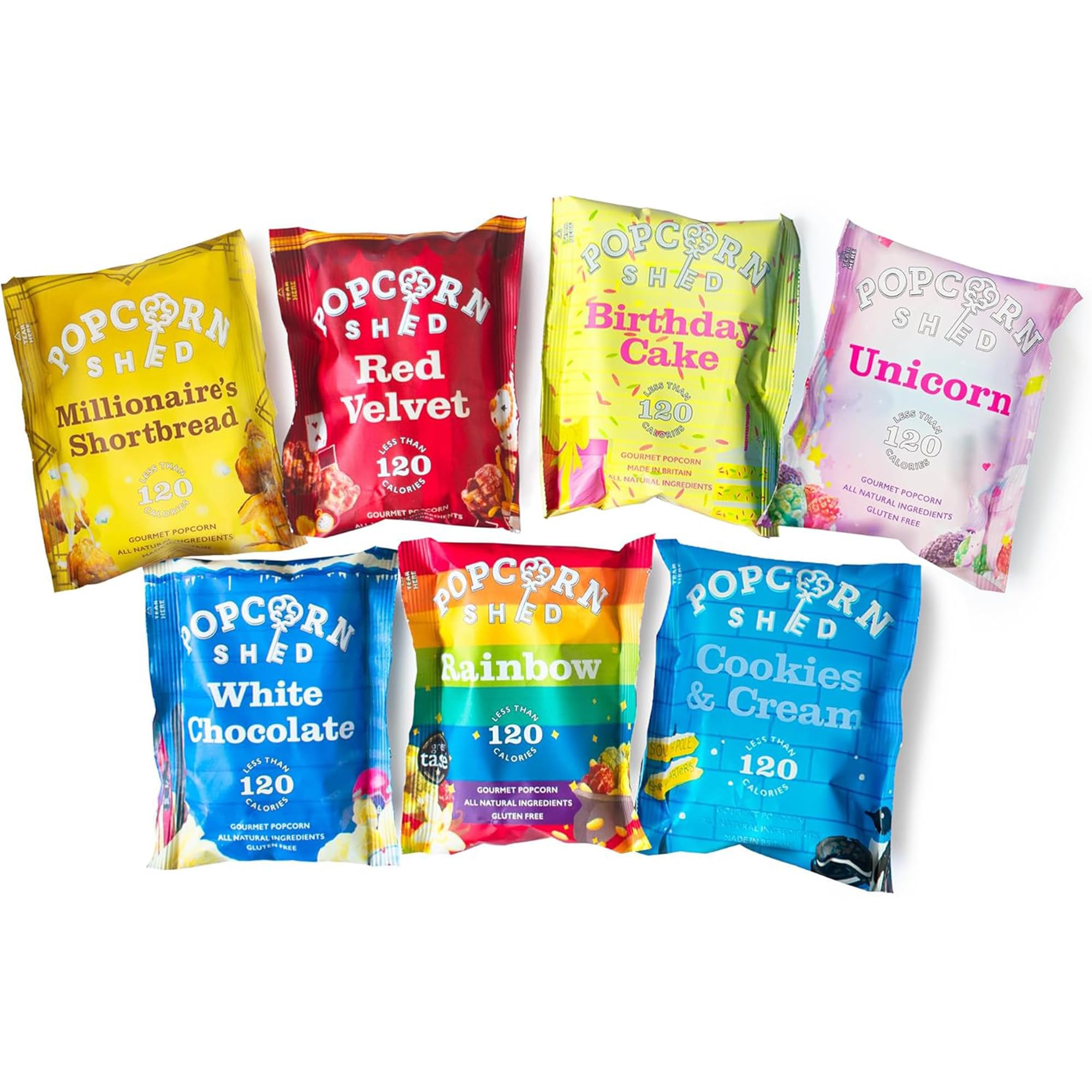 Popcorn Shed – 7 Sabores Exclusivos de Palomitas de Maíz, Premium Snacks Naturales, El regalo delicioso de palomitas de maíz, Perfecto para Noches de Cine (7 bolsas)