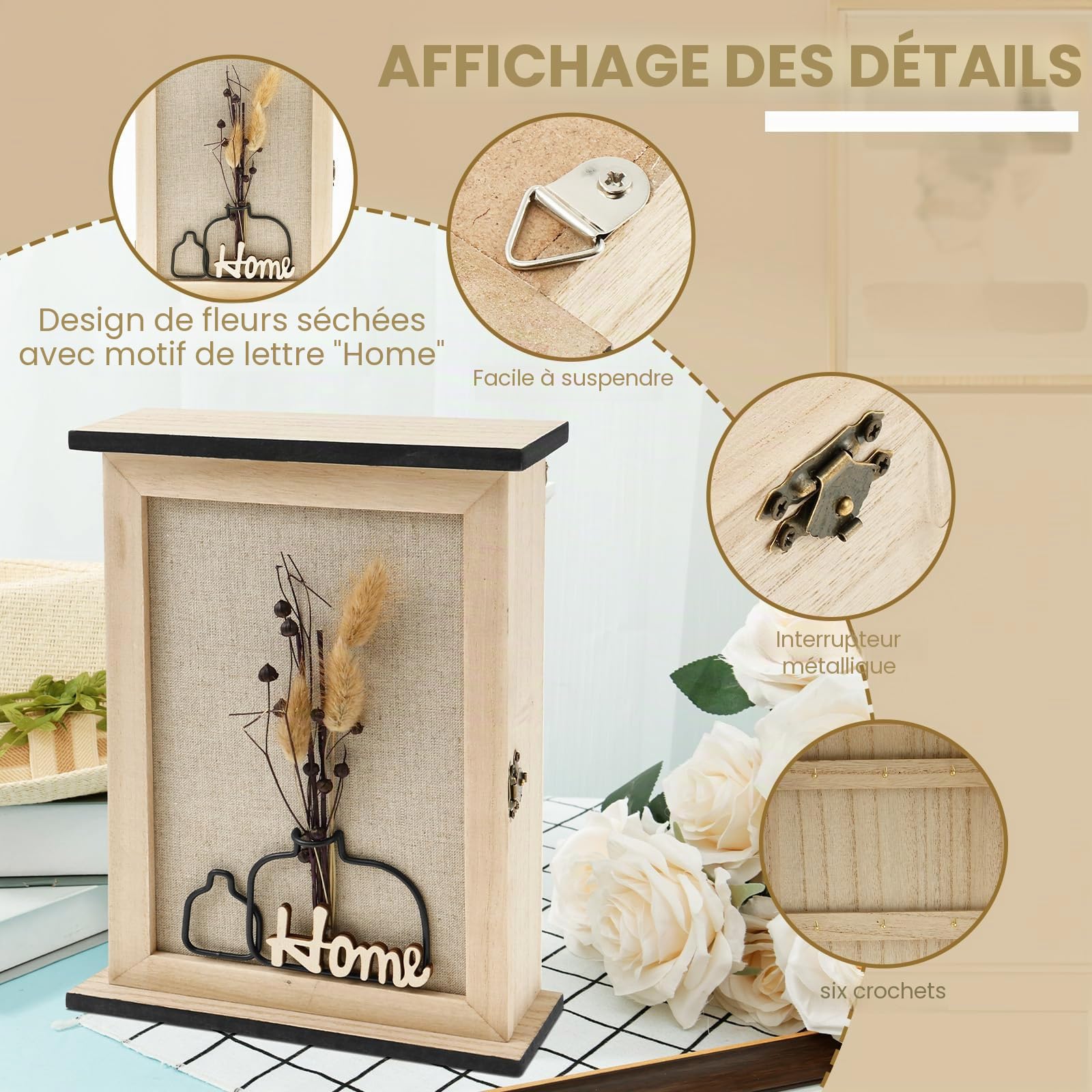 Boîte à clés en bois Toaboa avec 6 crochets à clés, fleurs séchées, rangement mural pour clés, support mural vintage pour entrées, salons, salles de bains et couloirs