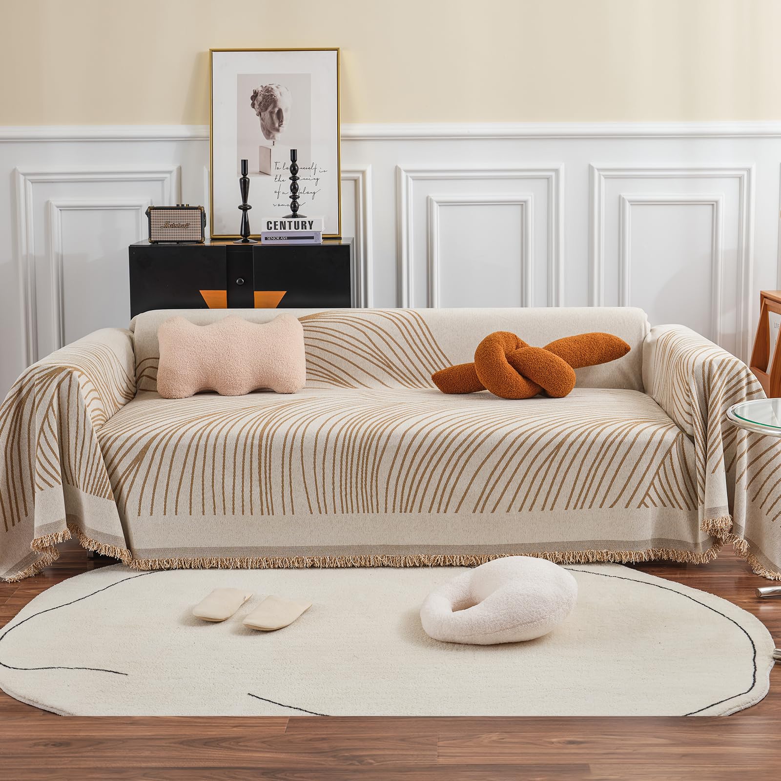 Manta para Sofa Funda de Sofá Decorativo Universal Cubre Sofas Grandes Abstracción Geometría Líneas Multifuncional Suave Cómodo Cubre Sofas 180 * 300cm Beige