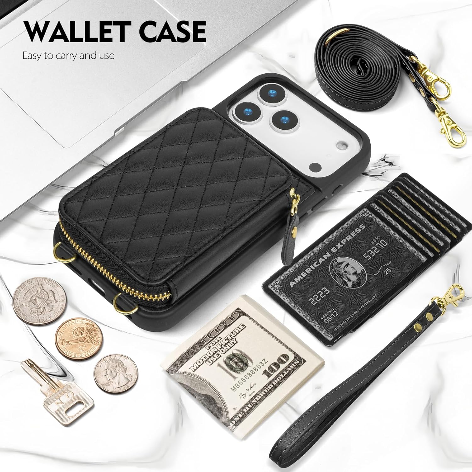 SkyEagle Compatible with iPhone 17 Pro Max Wallet Case Women,RFID Blocking Crossbody Phone Purse Case PU Leather Zipper Handbag Wrist Strap Cover Credit Card Holder,for Apple 17 Pro Max,Black