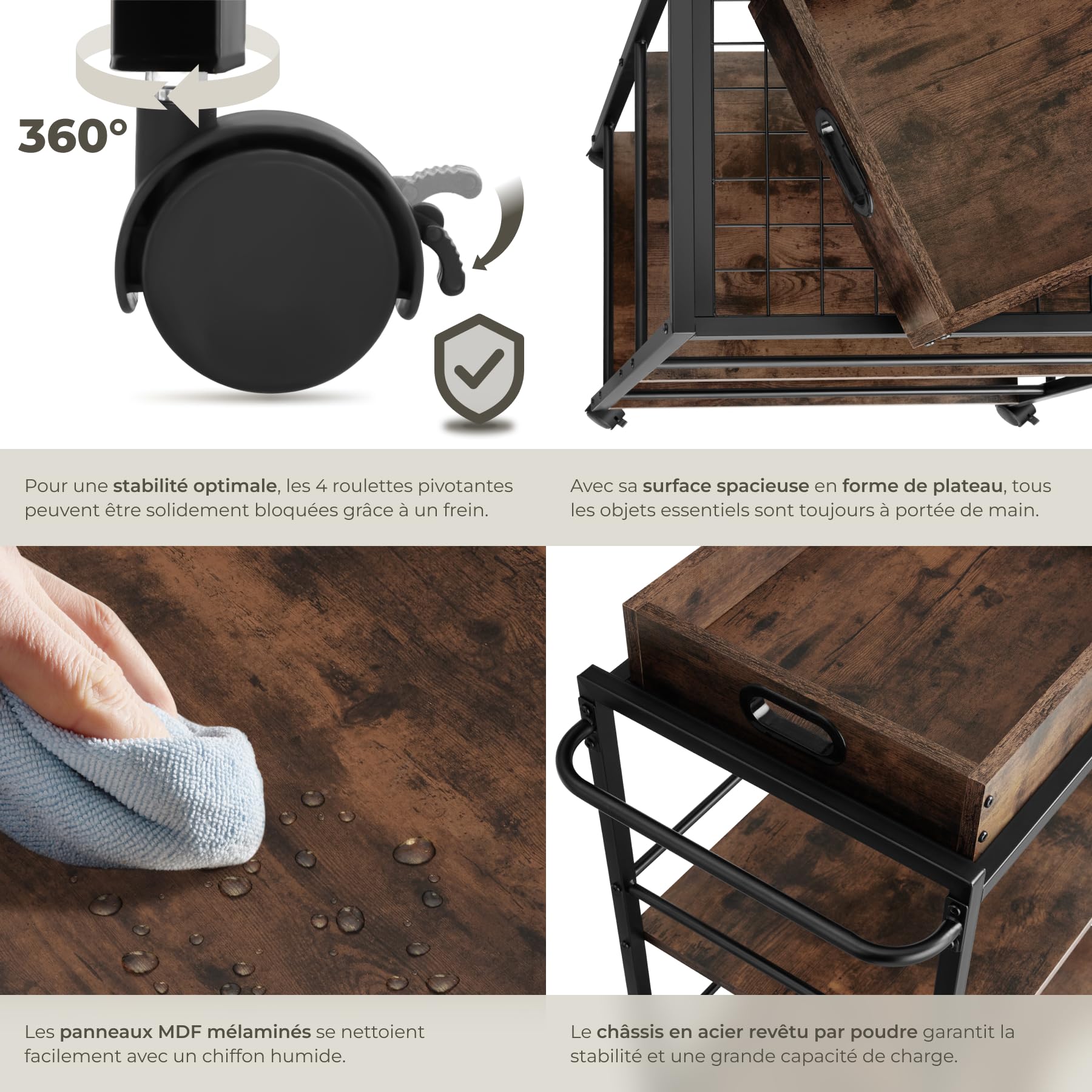 tectake® Chariot de Service Style Industriel, Desserte à roulettes 65 x 41,5 x 87 cm, Chariot Cuisine avec Plateau Amovible, roulettes pivotantes à Frein, Meuble Cuisine, Meuble Rangement, Bois foncé