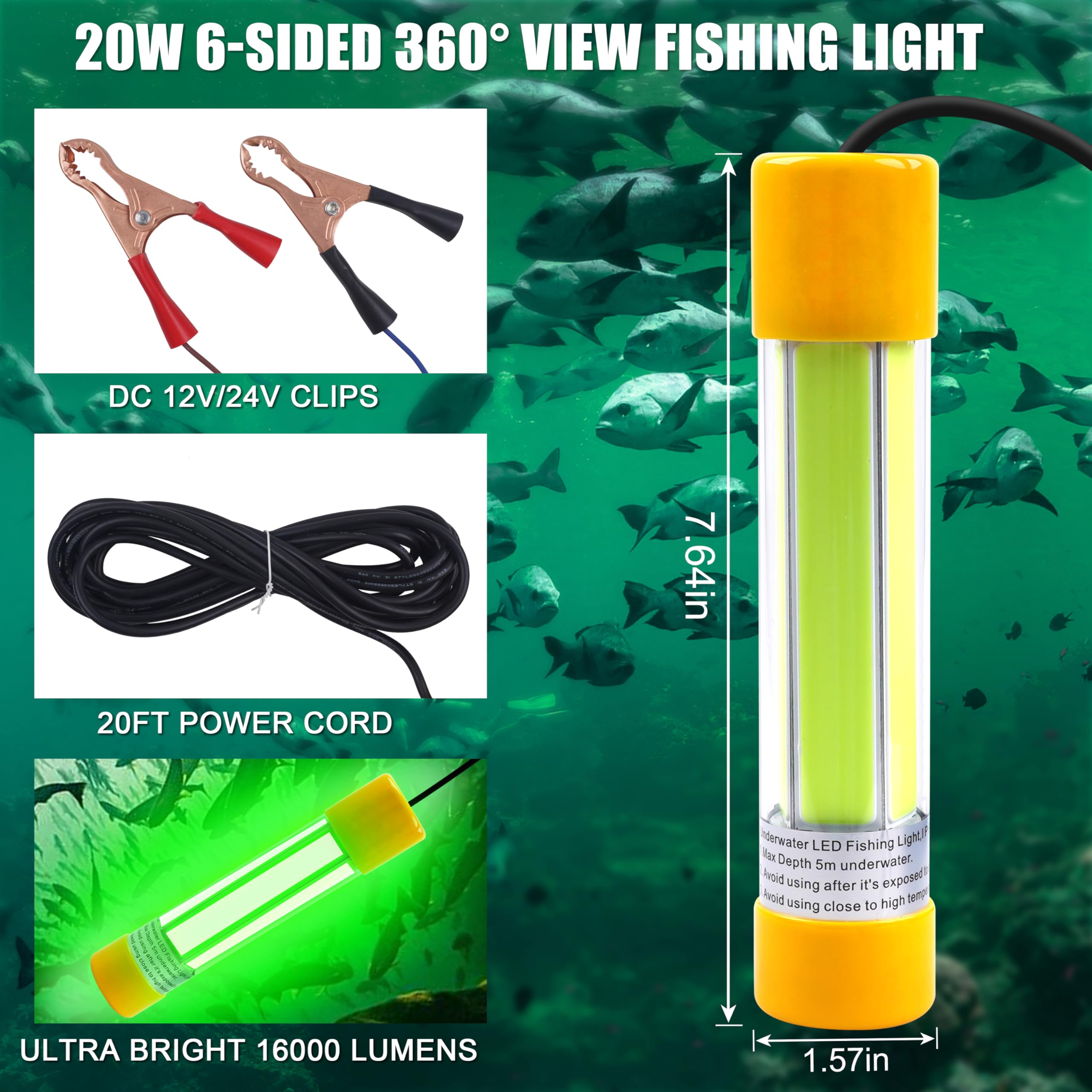 Super Bright Underwater Fishing Light, 20W 12V 16000 Lumens IP68 Waterproof LED Submersible Fish Lamp Night Fishing Dock Boat Deep Drop Light for Crappie Squid Shad Shrimp Prawns