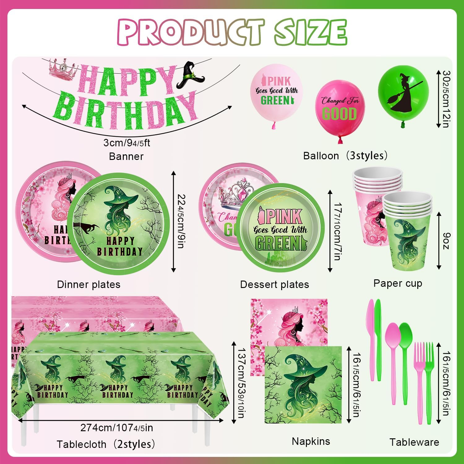 Pink and Green Birthday Party Decorations 207pcs Disposable Paper Plates & Napkins Set for 24 Guests - Includes Happy Birthday Banner & Cartoon Tablecloth - Image 3