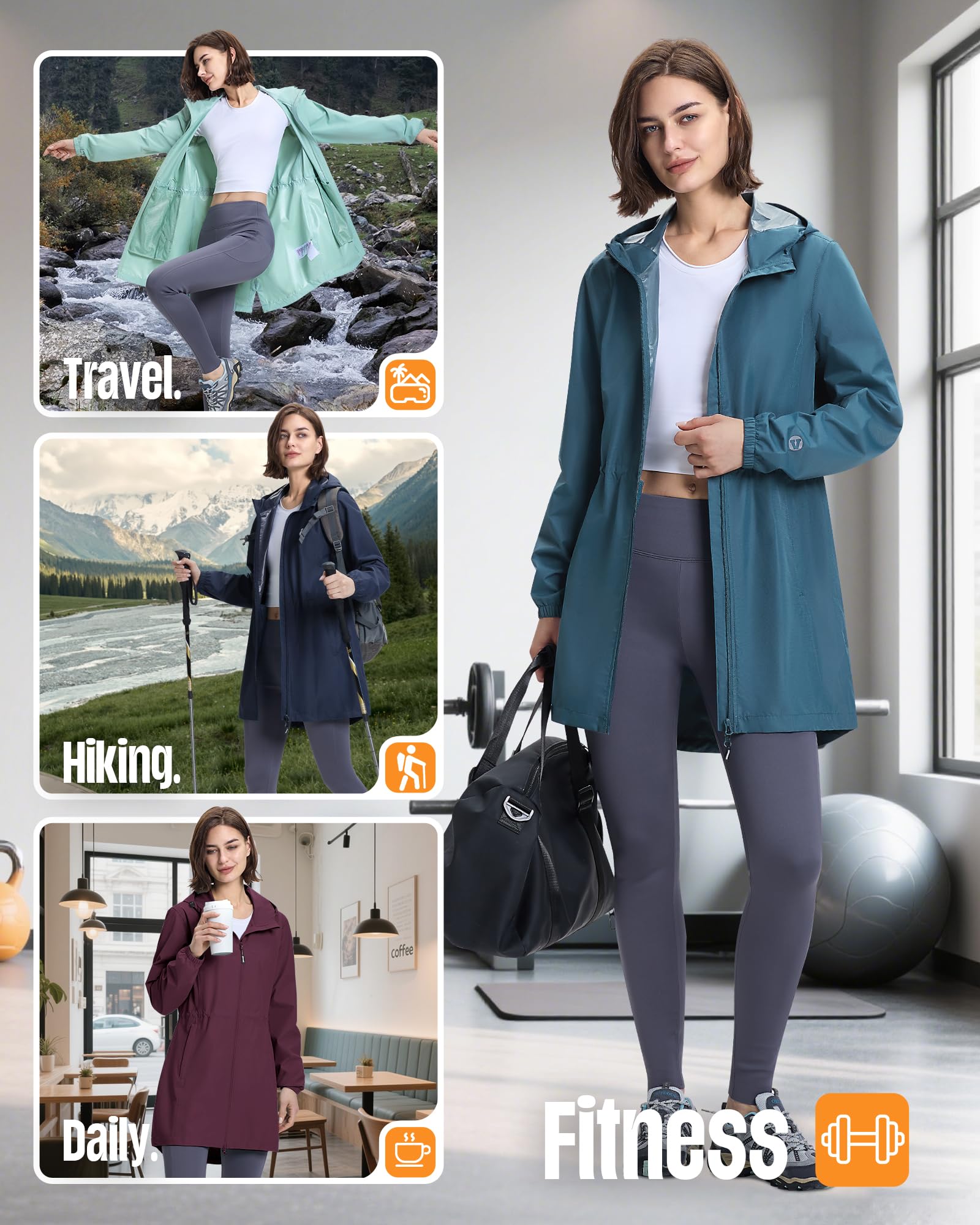 Outdoor Ventures Damen Wasserdicht Regenjacke Lang Windbreaker Übergangsjacke Leichte Atmungsaktiv Outdoorjacke Raincoat Regenparka mit Kapuze