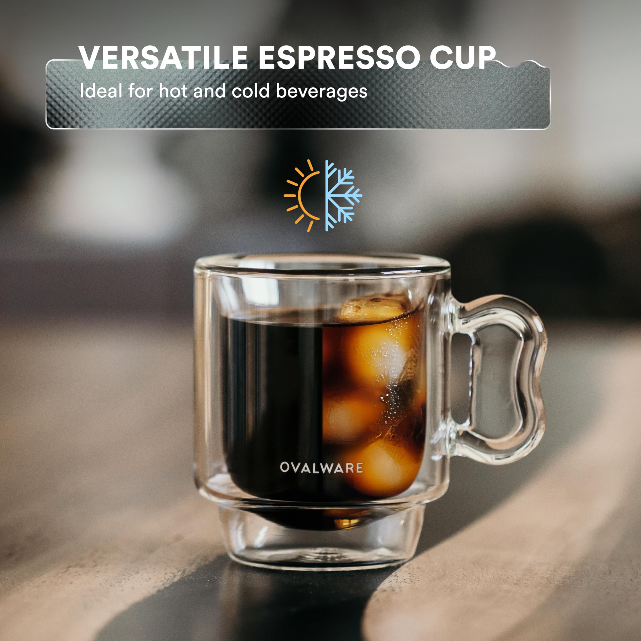 ovalware RJ3 Filiżanki do kawy espresso, 120 ml, zestaw 2 sztuk, podwójne ścianki z solidnym uchwytem motylkowym, elegancki kubek borokrzemowy do espresso z możliwością układania w stos, izolowane,
