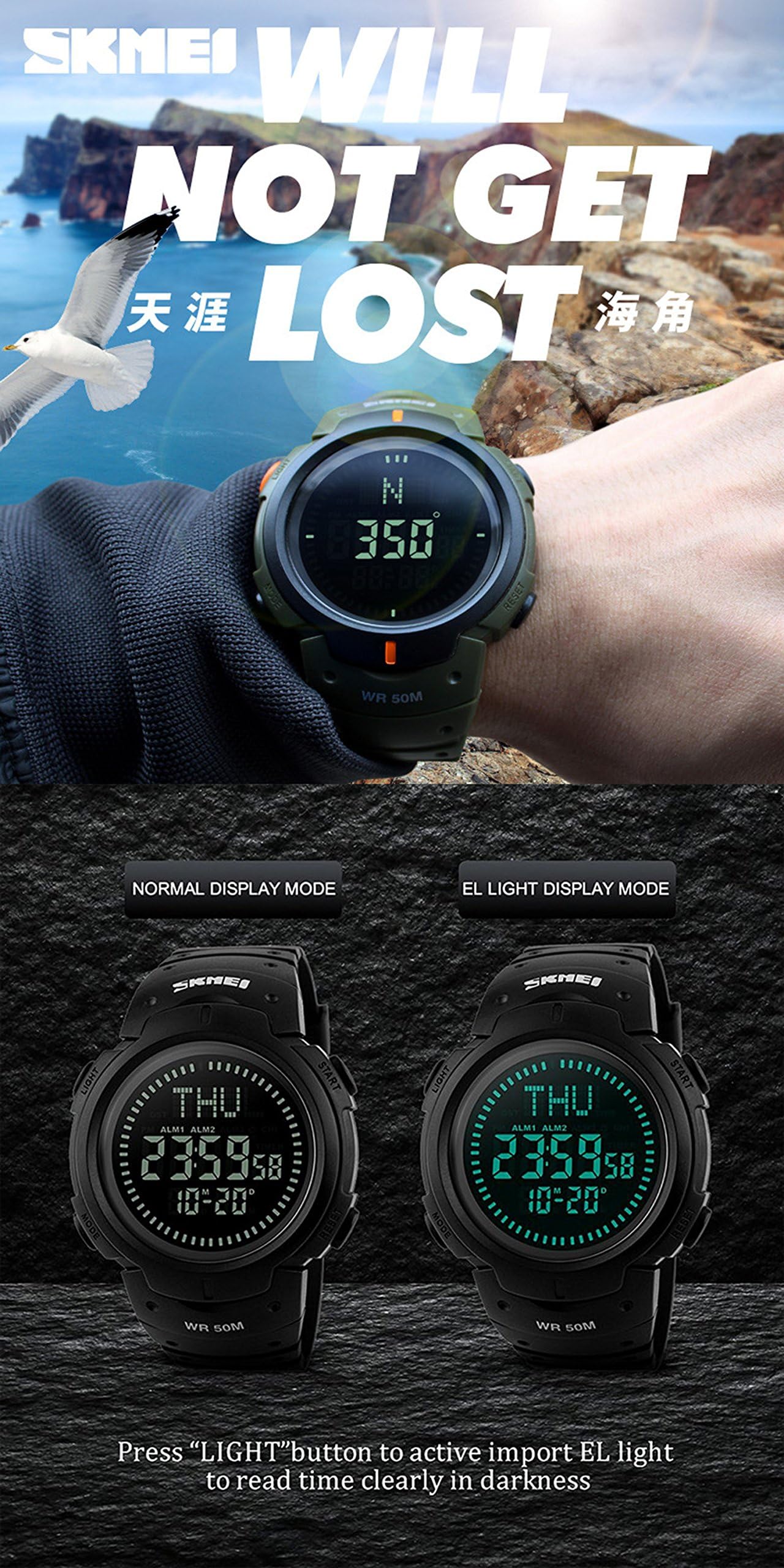 Reloj digital deportivo militar para hombre con brújula de supervivencia, resistente al agua hasta 50 m, cuenta regresiva y 3 alarmas, Negro -, Men's standard, Digital