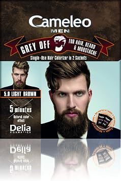 Cameleo - Men Colour Cream - LIGHT BROWN - Grey OFF Single-Use Colorizer in 2 sachets - for Hair, Beard & Moustache - Easy 5 min Application - Natural Color Effect - 0% Parabens