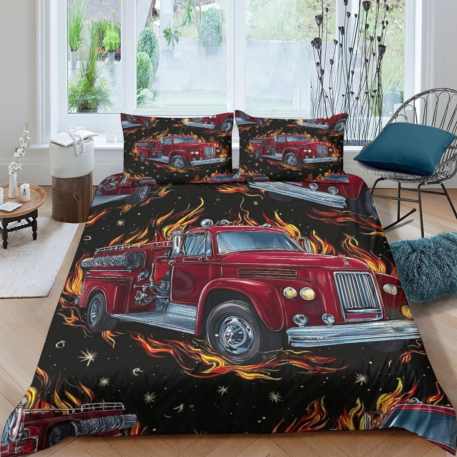GPLZQXKJNH 3D Printed Fire Truck Duvet Cover Set Microfiber Soft Flames Quilt Cover with 2 Pillowcases for Bedroom Decor Single（135x200cm）
